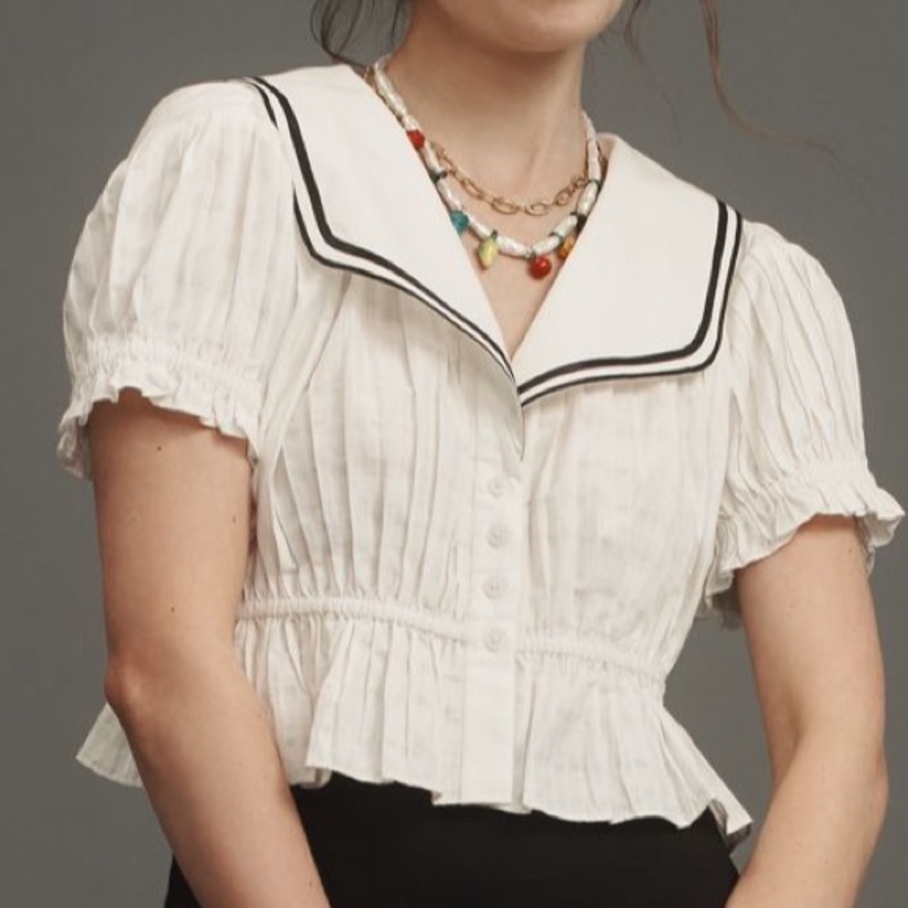 Anthropologie Maeve Pleated Sailor Collar Crop Button Front Top